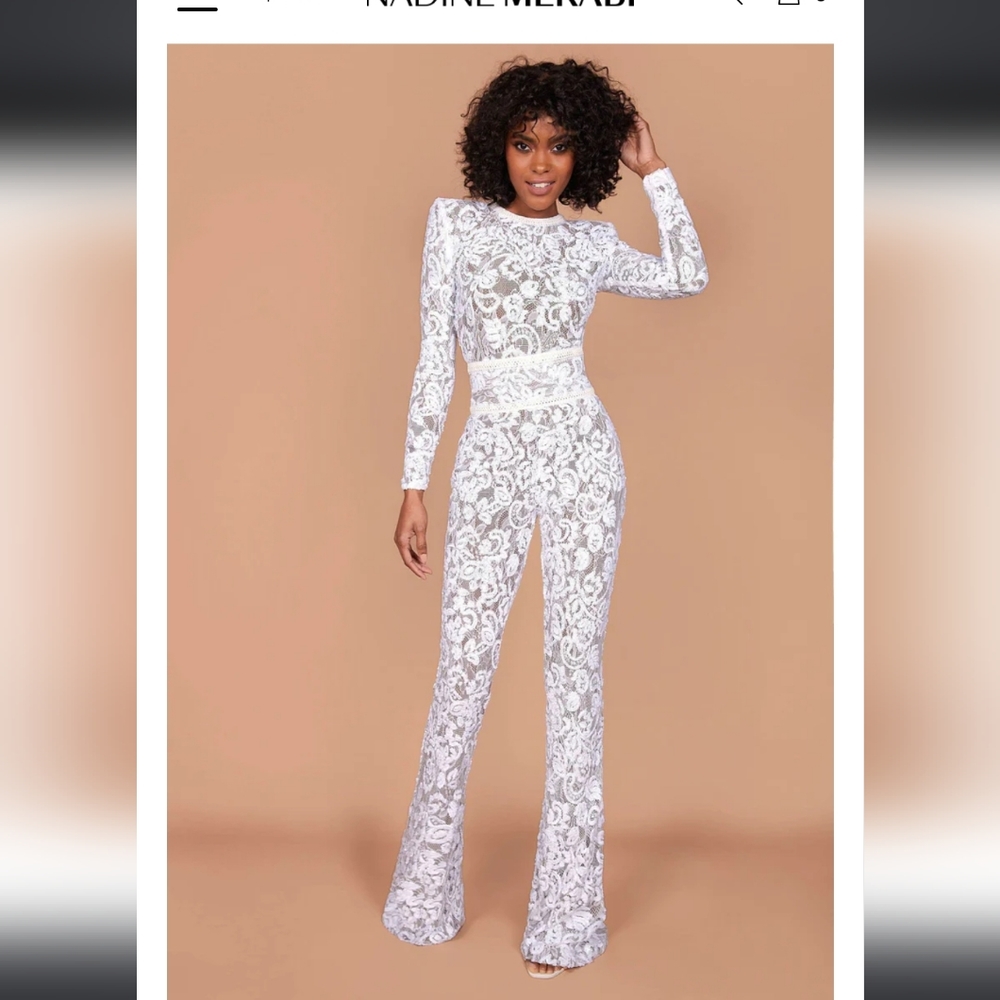 NADINE MERABI White Lace Long-Sleeve Lace Jumpsuit